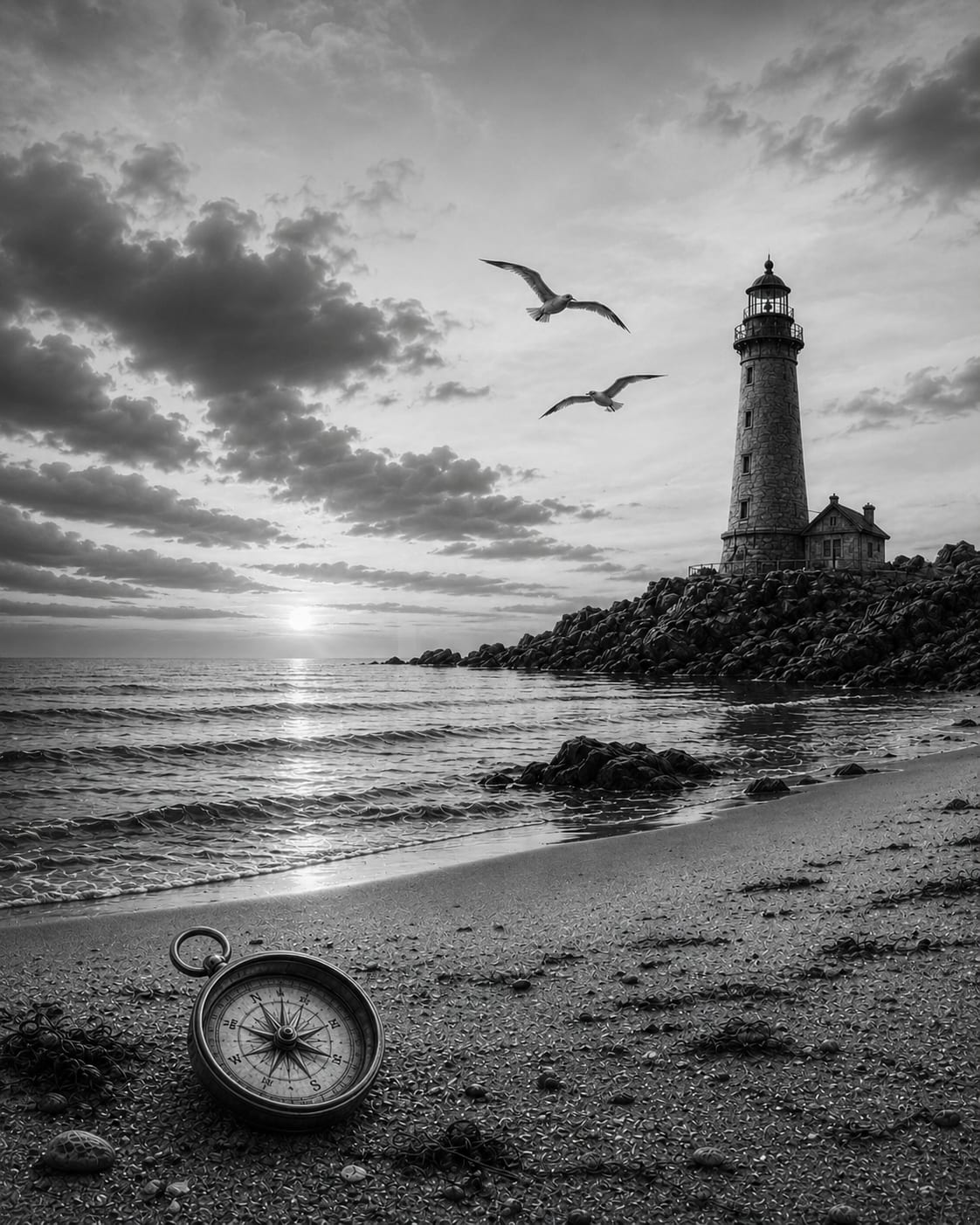 A lighthouse and compass on the shore at dusk